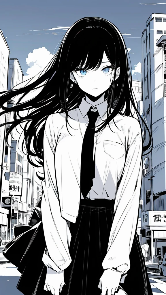 1girl,monochrome color, Blue Art, grayscales、​masterpiece、top-quality、Top image quality、straight haired、Hanging eyes、kawaii、A darK-haired、blue eyes、the wind、Buildings,Tokyo