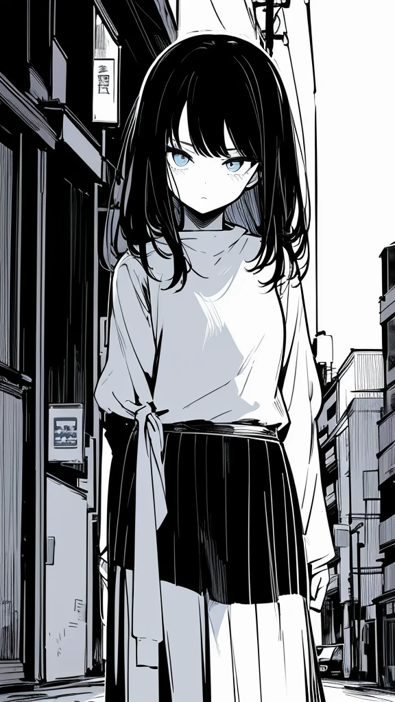 1girl,monochrome color, Blue Art, grayscales、​masterpiece、top-quality、Top image quality、straight haired、Hanging eyes、kawaii、A darK-haired、blue eyes、the wind、Buildings,Tokyo