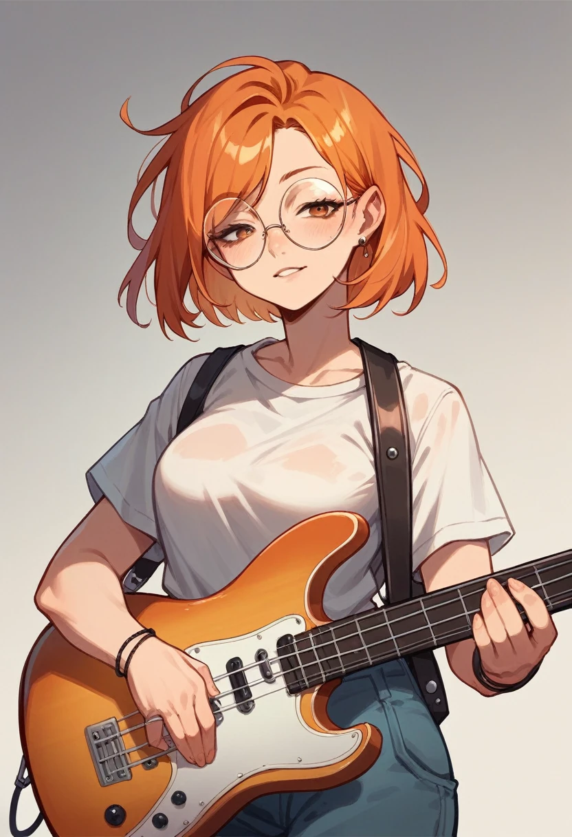 1girl, bass guitar, half body, orange hair, round glasses 