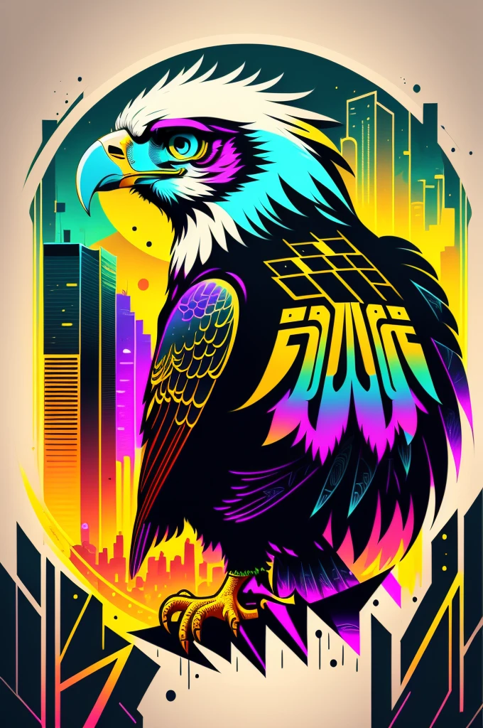 Ready to print t shirt art vector colorful graffiti illustration of an eagle, futuristic cyberpunk city background, realistic image style, image with black background, centred