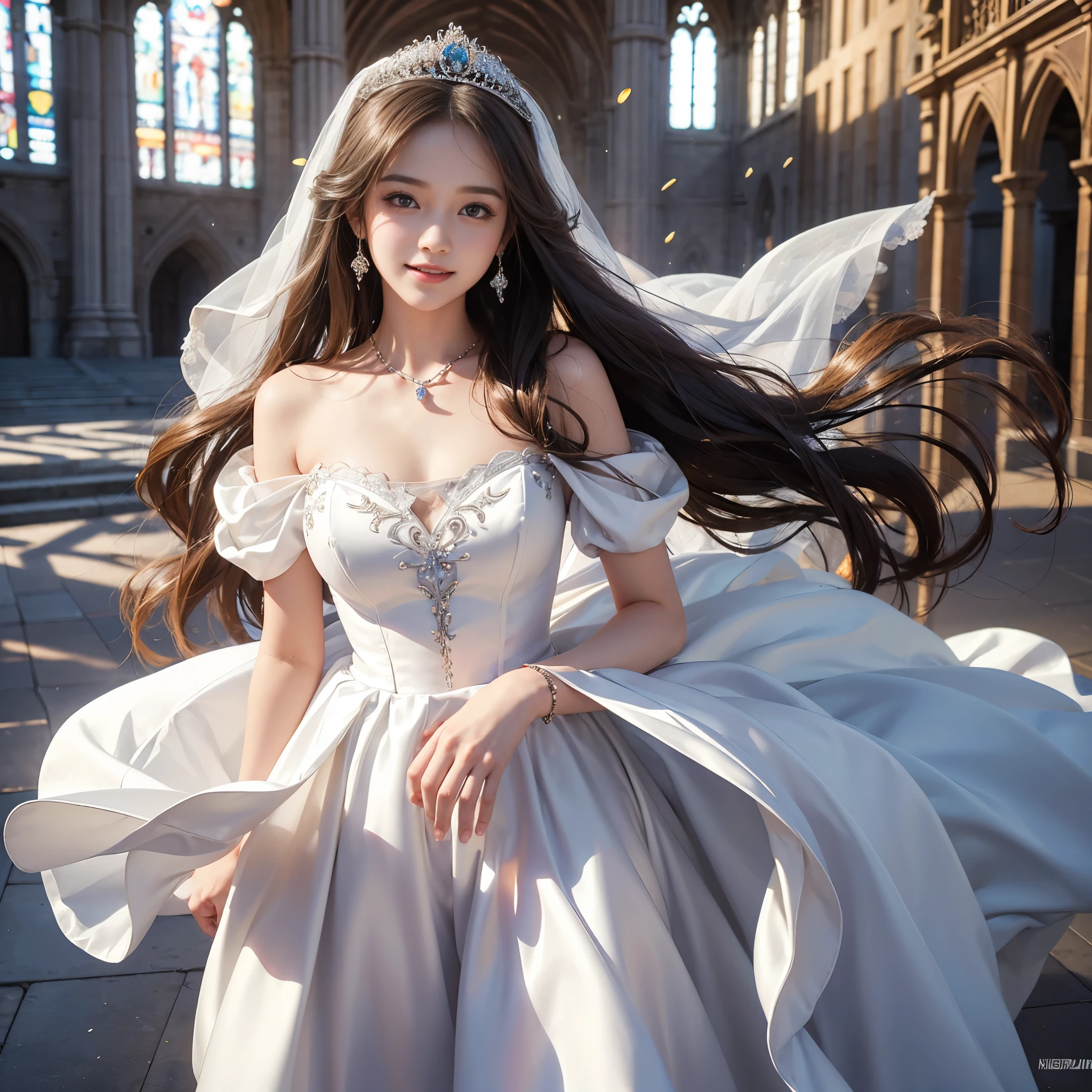 best quality, masterpiece, 1 girl, long hair, huge laugh, cute teen, shiny lips, sweet, sun glare, Conservative attire, wedding dress, bridal tiara, depth of field, blurred background, Cathedral Background, light particles, strong wind, head tilt