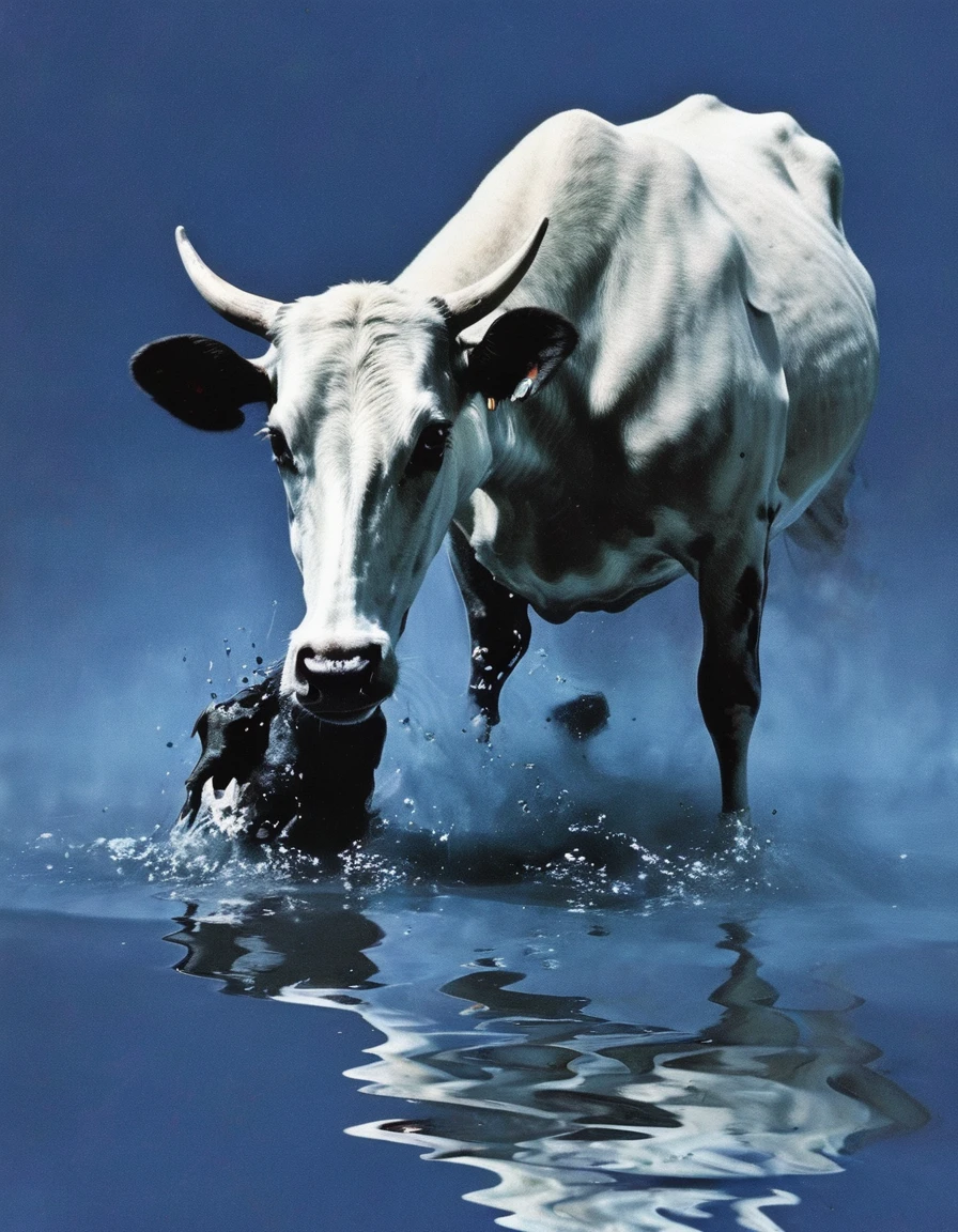 cow in water, light blue background
