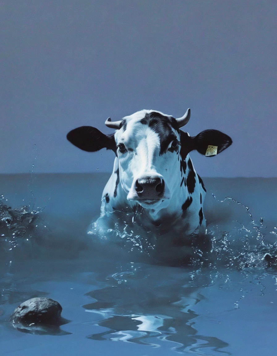 cow in water, light blue background