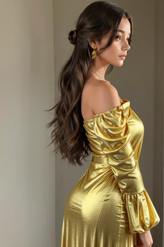 Give me ai modern younger girl image and she is wearing a gold-colored, full-length dress with a deep V-neckline and puffed sleeves. The pose given by the individual is standing straight with one hand on the hip and the other along the body, slightly turned to show a profile view. The hairstyle appears to be long, loose waves cascading over one shoulder.