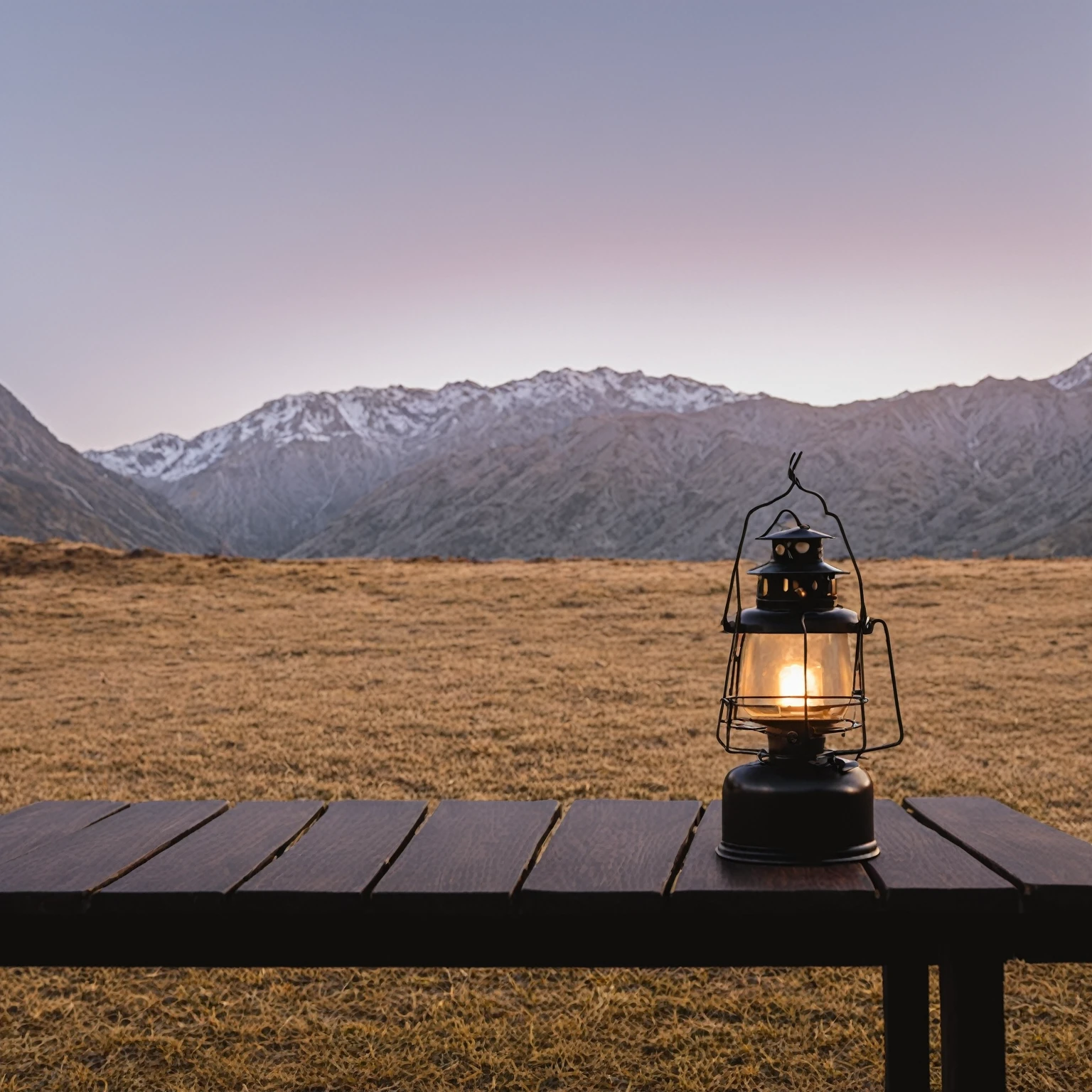There is a lantern on the table outdoors, Outdoor Camping ， Relaxed atmosphere, warm light, Lantern light, Lighting from the side, Shot with Sony Alpha 1 camera,