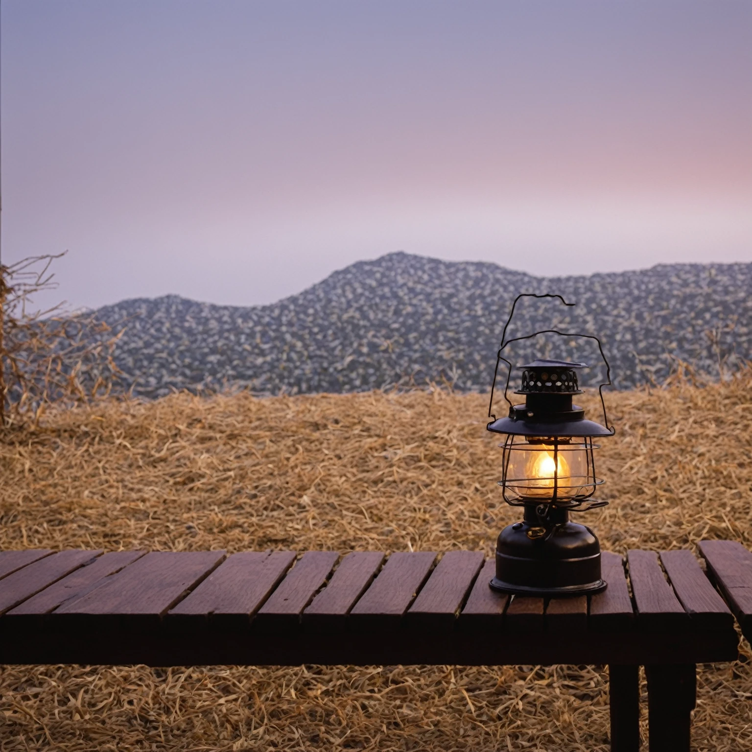 There is a lantern on the table outdoors, Outdoor Camping , Relaxed atmosphere, warm light, Lantern light, Lighting from the side, Shot with Sony Alpha 1 camera,