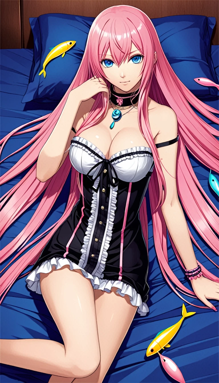 Official Art,Beautiful adult woman,Vocaloid Megurine Luka,Pink long hair,blue eyes,Big Breasts,lure,bed, 