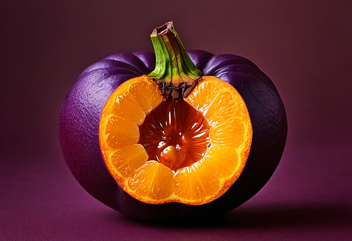 Generate a highly detailed and realistic photo of a unique, never-before-seen fruit that is a hybrid between a mangosteen and an orange. The fruit should have the round shape and deep purple rind of a mangosteen, but with the texture and vibrant orange color of an orange's skin. The rind should be slightly bumpy and segmented like an orange. When cut open, the fruit reveals juicy, orange-colored segments arranged similarly to an orange, but with the soft, fleshy texture of mangosteen segments. The interior should have a few seeds scattered among the segments. The fruit is placed on a simple, clean background with natural lighting that highlights its unique features. This photo should be highly detailed and visually captivating, showcasing the imaginative blend of these two fruits.