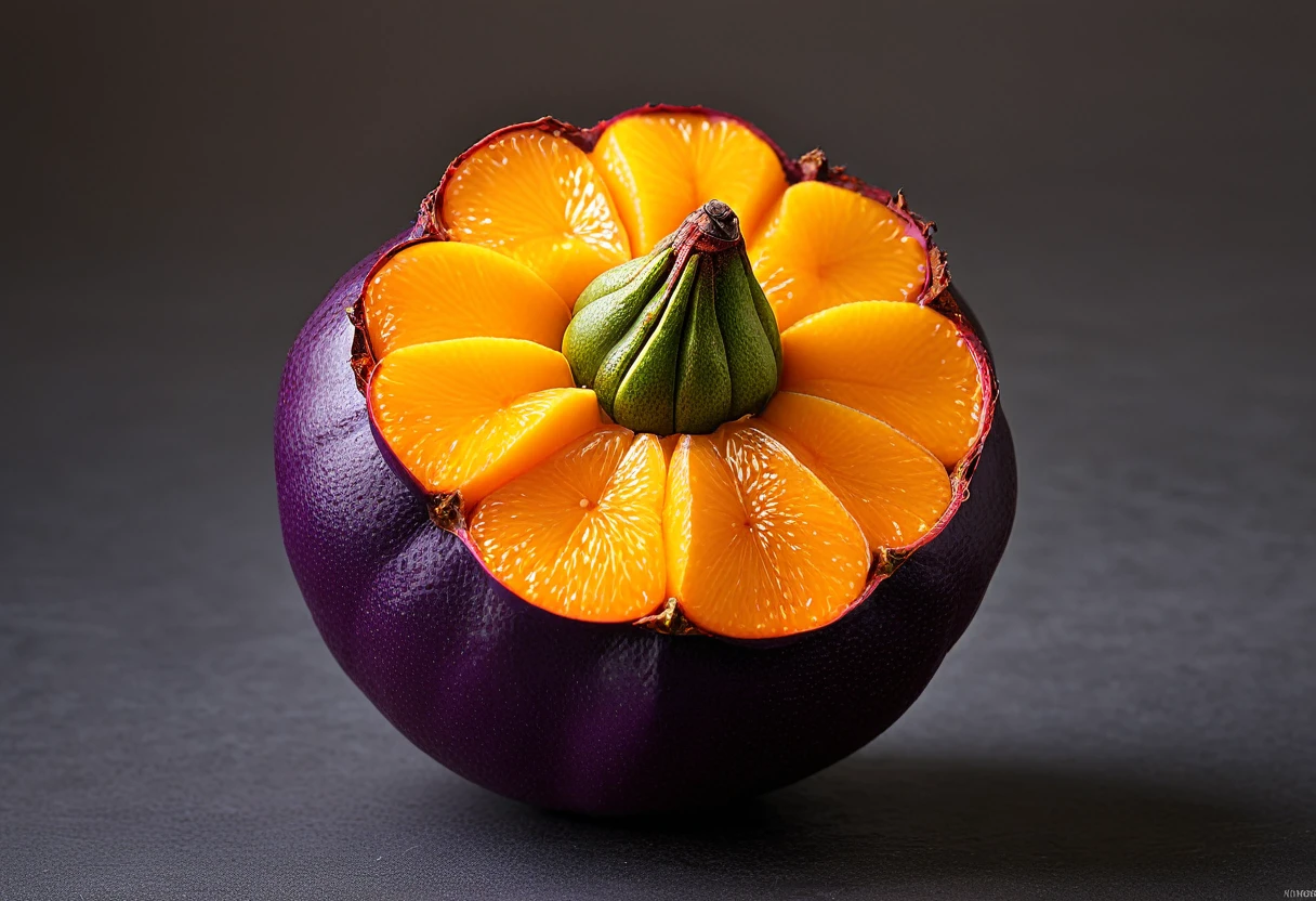 Generate a highly detailed and realistic photo of a unique, never-before-seen fruit that is a hybrid between a mangosteen and an orange. The fruit should have the round shape and deep purple rind of a mangosteen, but with the texture and vibrant orange color of an orange's skin. The rind should be slightly bumpy and segmented like an orange. When cut open, the fruit reveals juicy, orange-colored segments arranged similarly to an orange, but with the soft, fleshy texture of mangosteen segments. The interior should have a few seeds scattered among the segments. The fruit is placed on a simple, clean background with natural lighting that highlights its unique features. This photo should be highly detailed and visually captivating, showcasing the imaginative blend of these two fruits.