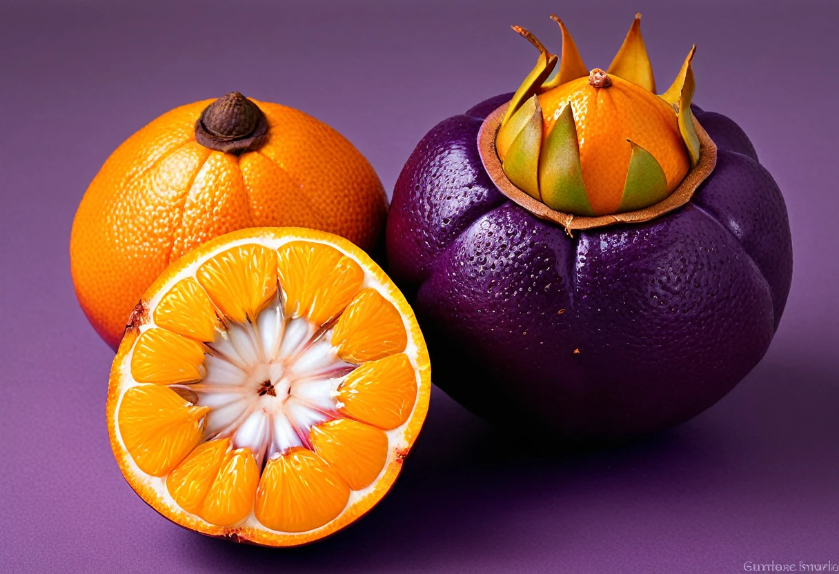 Generate a highly detailed and realistic photo of a unique, never-before-seen fruit that is a hybrid between a mangosteen and an orange. The fruit should have the round shape and deep purple rind of a mangosteen, but with the texture and vibrant orange color of an orange's skin. The rind should be slightly bumpy and segmented like an orange. When cut open, the fruit reveals juicy, orange-colored segments arranged similarly to an orange, but with the soft, fleshy texture of mangosteen segments. The interior should have a few seeds scattered among the segments. The fruit is placed on a simple, clean background with natural lighting that highlights its unique features. This photo should be highly detailed and visually captivating, showcasing the imaginative blend of these two fruits.