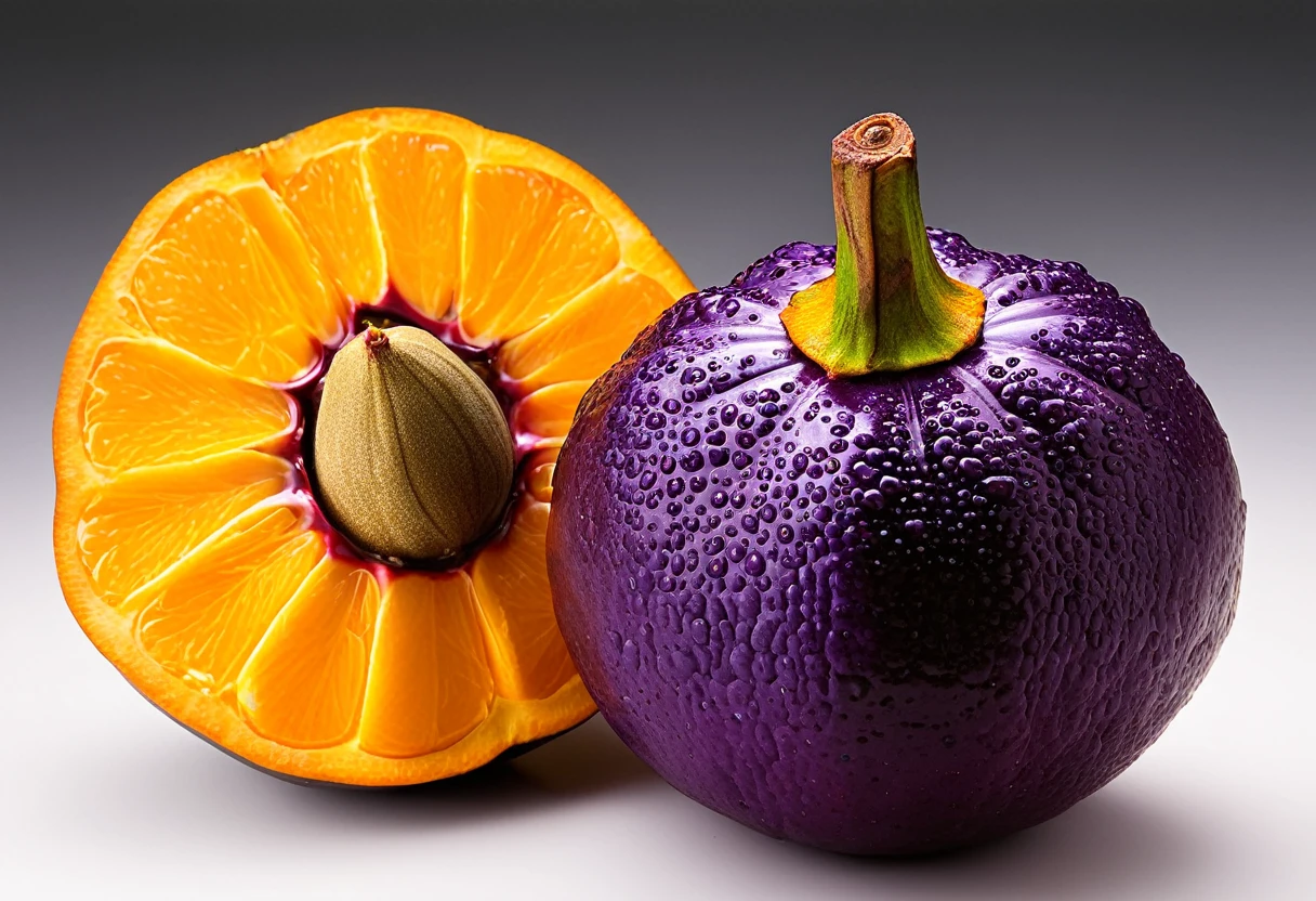 Generate a highly detailed and realistic photo of a unique, never-before-seen fruit that is a hybrid between a mangosteen and an orange. The fruit should have the round shape and deep purple rind of a mangosteen, but with the texture and vibrant orange color of an orange's skin. The rind should be slightly bumpy and segmented like an orange. When cut open, the fruit reveals juicy, orange-colored segments arranged similarly to an orange, but with the soft, fleshy texture of mangosteen segments. The interior should have a few seeds scattered among the segments. The fruit is placed on a simple, clean background with natural lighting that highlights its unique features. This photo should be highly detailed and visually captivating, showcasing the imaginative blend of these two fruits.