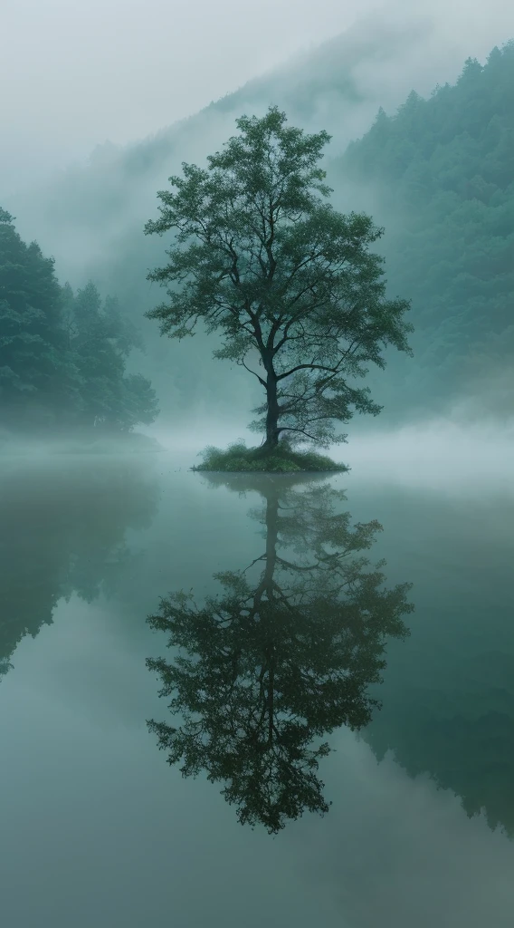 arafed Tree in the middle of a lake with a foggy sky, Still water like a mirror, Reflections on the water, In the peaceful scenery, mystical lake, Reflections in water, Clear reflection, Water reflection, Water reflection, Peaceful and tranquil, Reflections in water,  Tree, floating Trees, single Tree, Misty mist, Calm and serene，Ultimate image quality，Canon R5 shooting