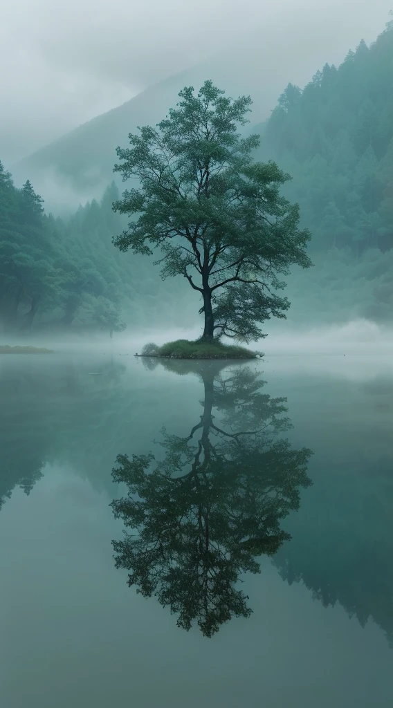 arafed Tree in the middle of a lake with a foggy sky, Still water like a mirror, Reflections on the water, In the peaceful scenery, mystical lake, Reflections in water, Clear reflection, Water reflection, Water reflection, Peaceful and tranquil, Reflections in water,  Tree, floating Trees, single Tree, Misty mist, Calm and serene，Ultimate image quality，Canon R5 shooting