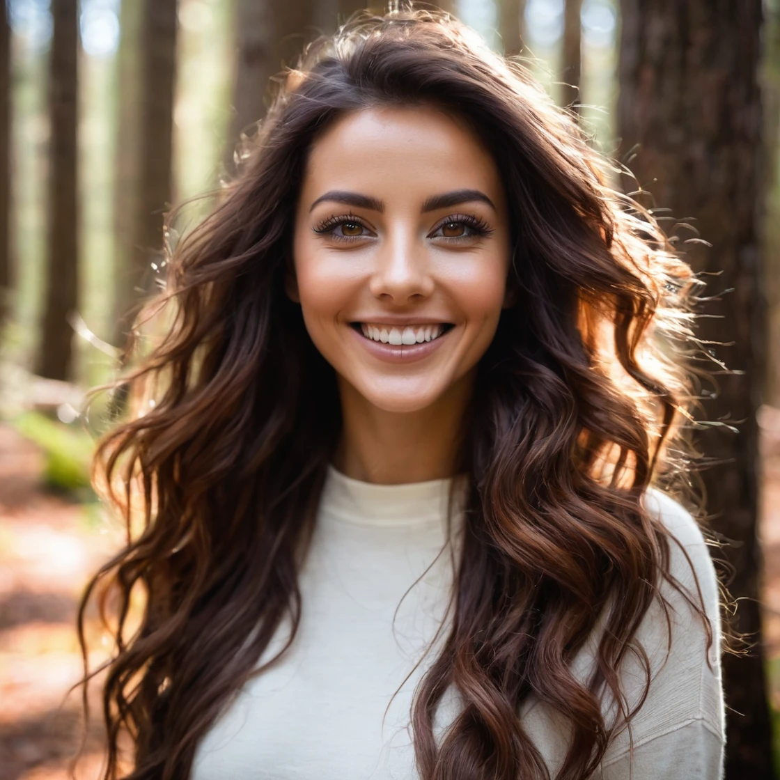 Femme dans la forêt souriante avec les cheveux marron les yeux marron vision de tout le corps avec une extreme bonne qualité 