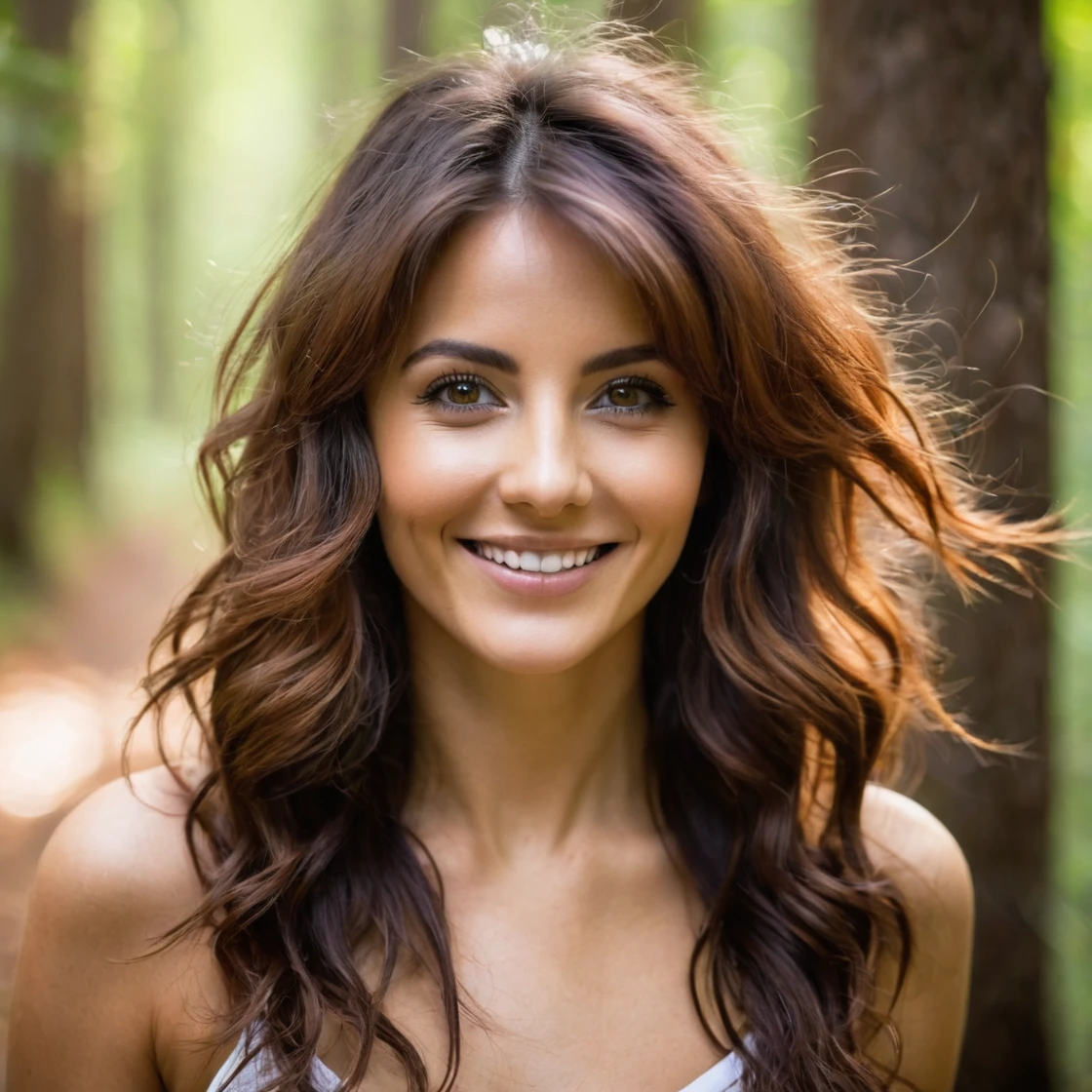 Femme dans la forêt souriante avec les cheveux marron les yeux marron vision de tout le corps avec une extreme bonne qualité 