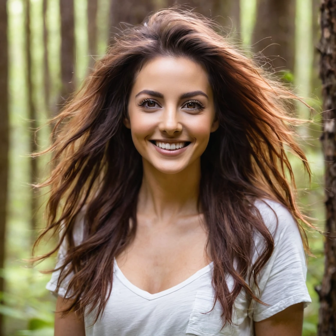 Femme dans la forêt souriante avec les cheveux marron les yeux marron vision de tout le corps avec une extreme bonne qualité