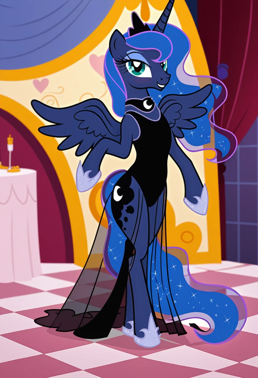 Pony . Black see trough dress with black choker, Princess Luna smiling