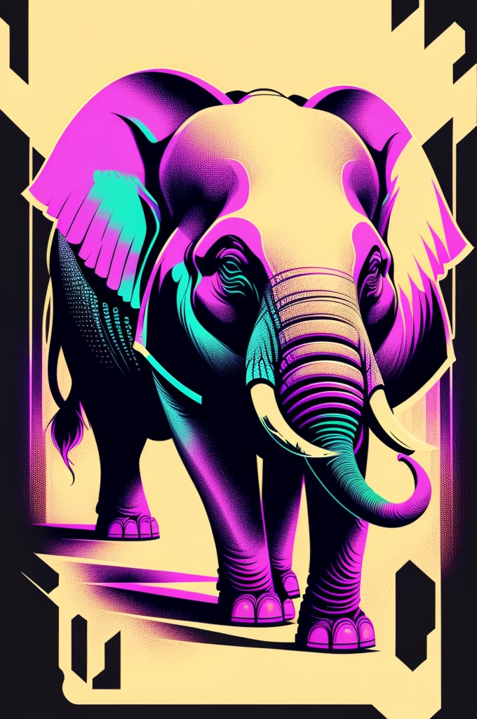 Ready to print t shirt art vector colorful graffiti illustration of an elephant, futuristic cyberpunk city background, realistic image style, image with black background, centred