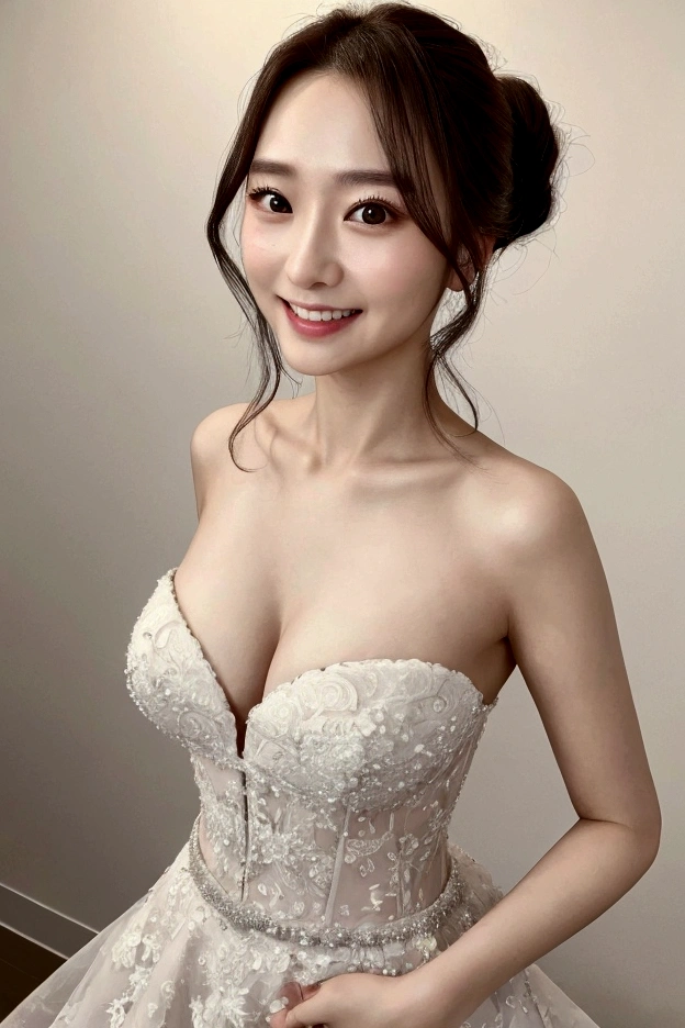 wedding、Dress up, people間らしい肌質,1people、Hotel lounge, Delicate skin quality、日本people、((Highest quality, 4K, Masterpiece: 1.3)), Beautiful style: 1.4, ponytail, Cosplay, Large Breasts, Sweaty, Hands behind back, smile, Highly detailed face and skin texture, Fine grain, double eyelid、The whole body is visible、White teeth