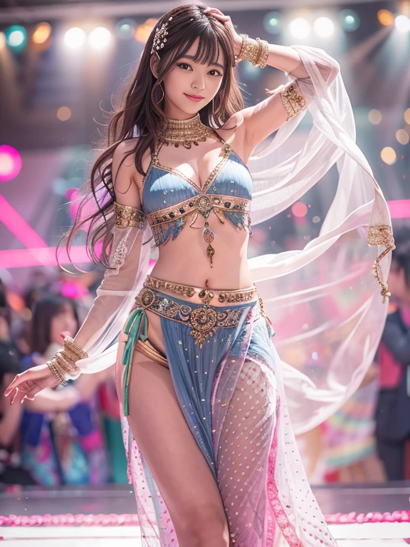 Photo-realistic quality、A Japanese idol performing belly dancing on stage in a sheer dress,Wearing a belly dance costume, She is dressed as a belly dancer, gracefully belly dance pose, Full Body Shot, Beautiful skinny Japanese model、the waist is thin and constricted,、Detailed and beautiful eyes、Cute smile、A soft and gentle look、looking at the camera、Dancing alone on stage