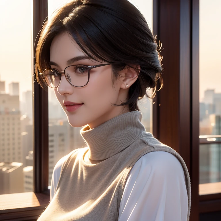 a beautiful young woman in a casual outfit, short hair, elegant eye glasses, detailed face, alluring eyes, full lips, large bust, turtle neck t-shirt, gray vest, outdoor date setting, soft lighting, warm colors, photorealistic, 8k, cinematic, beautiful detailed eyes, beautiful detailed lips, extremely detailed face and eyes, long eyelashes, intricate clothing textures, elegant posing, warm smile, romantic atmosphere