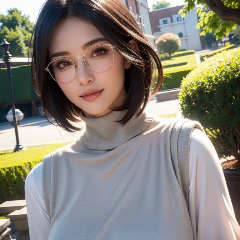 a beautiful young woman in a casual outfit, short hair, elegant eye glasses, detailed face, alluring eyes, full lips, large bust, turtle neck t-shirt, gray vest, outdoor date setting, soft lighting, warm colors, photorealistic, 8k, cinematic, beautiful detailed eyes, beautiful detailed lips, extremely detailed face and eyes, long eyelashes, intricate clothing textures, elegant posing, warm smile, romantic atmosphere