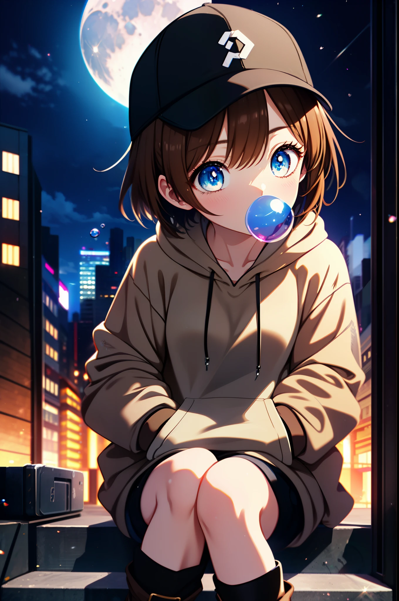 Mycotrose, Brown eyes,Brown Hair,short hair,Small breasts,Oversized black hoodie,Baseball hats,Shorts,boots,Both hands are in the pockets of the hoodie,Blowing bubble gum,Sitting on the stairs,night,moonlight,whole bodyがイラストに入るように, break looking at viewer, whole body, break outdoors, Building district, break (masterpiece:1.2), Highest quality, High resolution, unity 8k wallpaper, (shape:0.8), (Beautiful and beautiful eyes:1.6), Highly detailed face, Perfect lighting, Highly detailed CG, (Perfect hands, Perfect Anatomy),