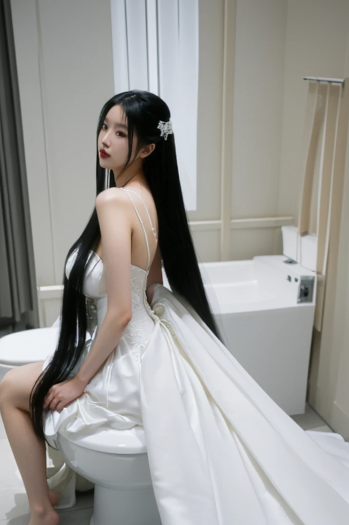 bride、A gorgeous, voluminous wedding dress、Super fat、Big Breasts、Big Ass、Super long straight black hair、Small private room、Sitting on the toilet