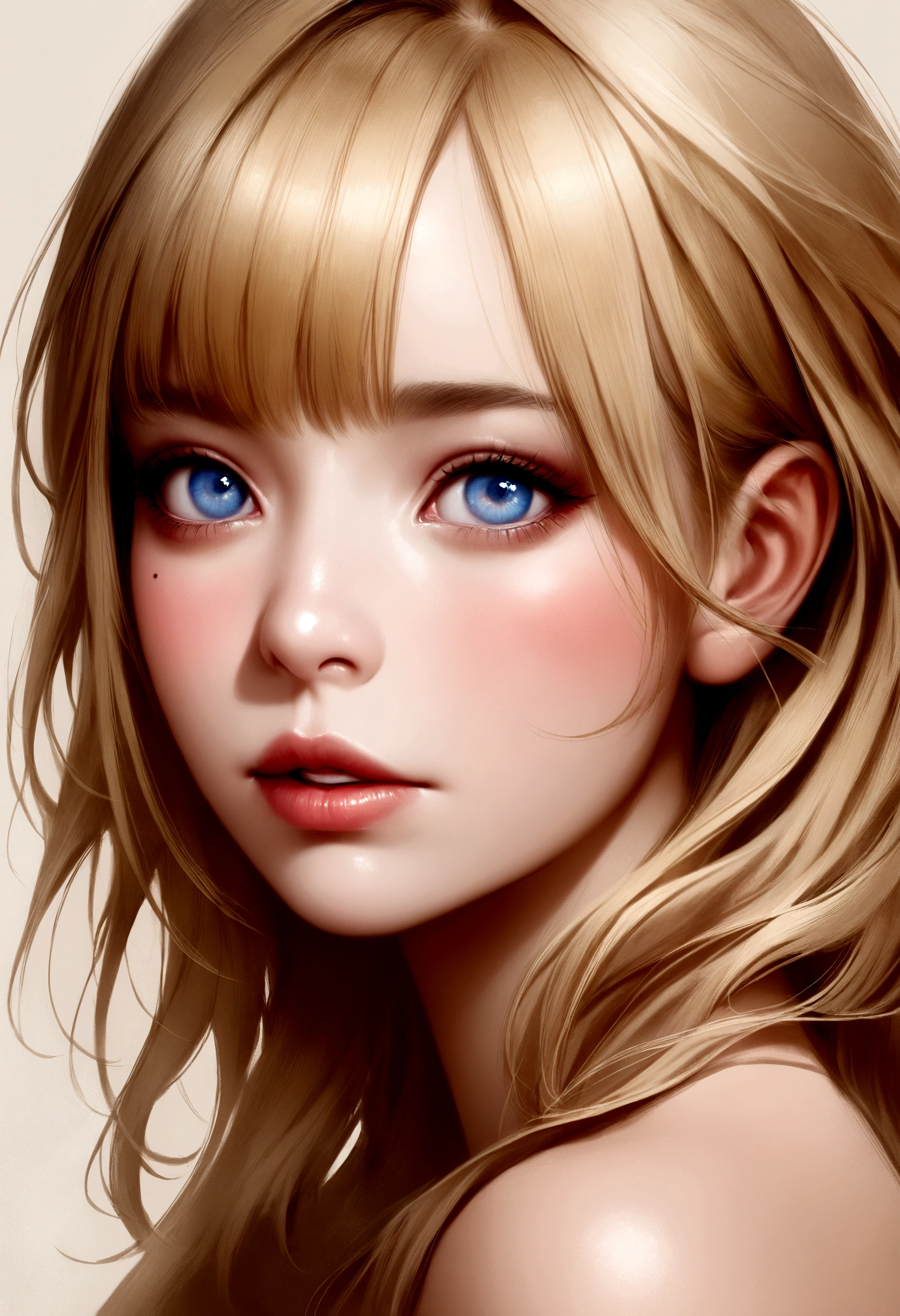 One girl, bangs, blue eyes, blonde hair, pink blush around the eyes: 1.5, gray background, jewelry, lips, mole, parted lips, front view, realistic, simple background, solo