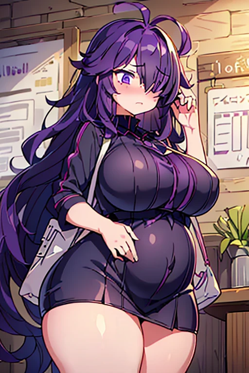 Cute naughty Artificer mother, Pastel colors hair, (overwhelmingly huge breasts:1.2, Thighs:1.2, thick legs:1.2, curvy:1.2, towering stature:1.6, massive fat thick unnatural belly, Plump), purple eyes, (ahoge, messy hair:1.2, tired hair:1.2, flipped hair, very long hair, bags under eyes:1.3), black hair, (purple hair:1.1), (blush:1.2, emberrased:1.2, quiet personality:1.2, scared:1.2, looking away, wavy mouth, shy), (naked), at the adventurer's guild, A bulletin board with posted paper, hand over face