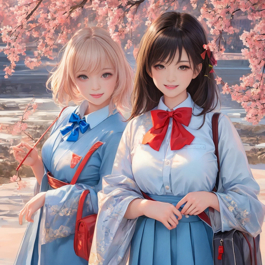 ((8K, RAW Photos, Highest quality, masterpiece)), High-resolution RAW color photos、
Professional close-up photography, (Realistic, フォトrealism: 1.37),
(Highest quality), (Best Shadow), (Best illustrations),
High-quality images、Skin Radiance、Texture of skin and clothing、
Expression of fine eyes、Shiny Hair,Long Hair Girl, Manga inspired by Lee Jong-suk,
Trending on deviantart, realism, detailed manga style, Manga art style,
Perfect Line Drawing, Beautiful line art, digital manga art girl, K-POPアイドル,
Beautiful brown eyes, Fuller lips, Gorgeous face with attention to detail,
(Cute Smile), attractive, Innocent, (Perfectly detailed face),
(Detailed and carefully drawn hand) Photorealistic images, Written boundary depth,
(Japanese style princess cut hairstyle:1.5),
best quality, masterpiece, New Year,
Three Japanese high-school cute girls, ((looking straight:1.7)),
a short-sleeved Japanese-blue-high-school-sailor-suit,
((Reddish bow tie, with a school bag:1.5))
((gently smiling:1.7)),
((upper arms hidden by clothes and hair:1.5)),
(innocent and pure high-school-girls:1.7)
(separately side by side:1.5),
shrine background, (mount Fuji:1.3), (outdoors:1.5)