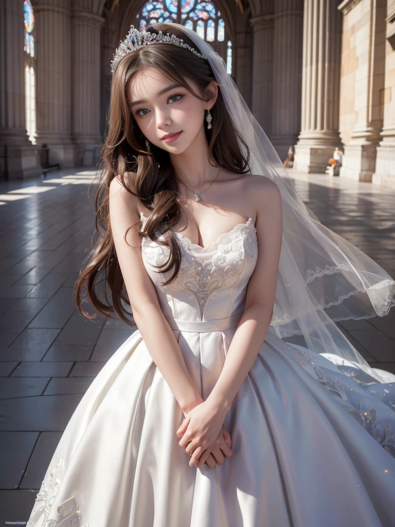 best quality, masterpiece, 1 girl, long hair, huge laugh, cute , shiny lips, sweet, sun glare, Conservative attire, wedding dress, bridal tiara, depth of field, blurred background, Cathedral Background, light particles, strong wind, head tilt