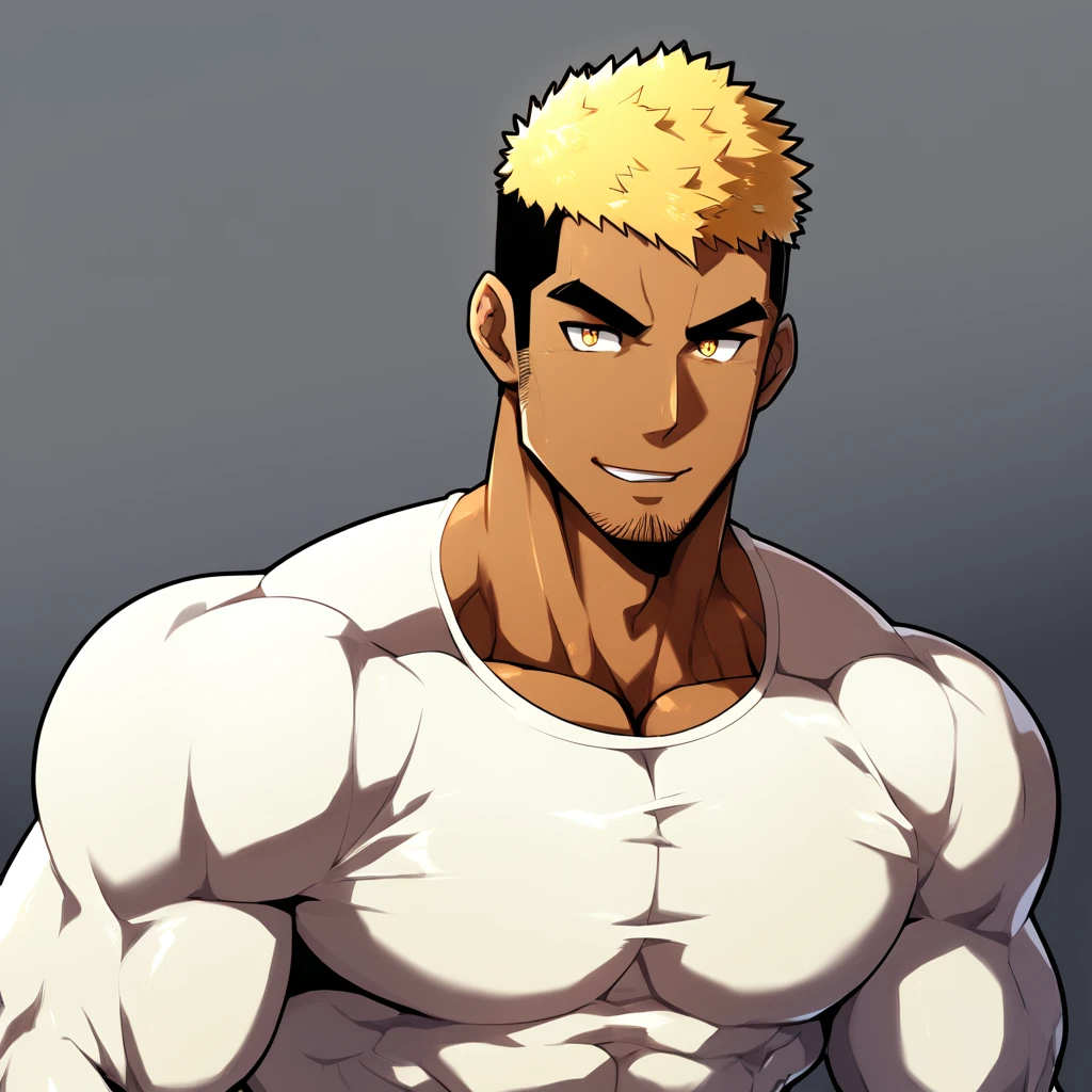 anime characters:Gyee, Muscle Sports Student, negro black skin, 1 dark skin muscular tough guy, Manliness, male focus, Light yellow high collar long sleeve tight T-shirt, Slightly transparent material, Very tight, Round, full and perky chest muscles, Slightly transparent, muscular male, muscular, only, Upper body, alone, Black short hair, Thick eyebrows, stubble, Yellow eyes, Grey background, simple background, amazing quality, best aesthetics, Ridiculous, bright pupils, crew cut, parted lips, seductive smile, torogao, naughty face, drop shadow, best quality