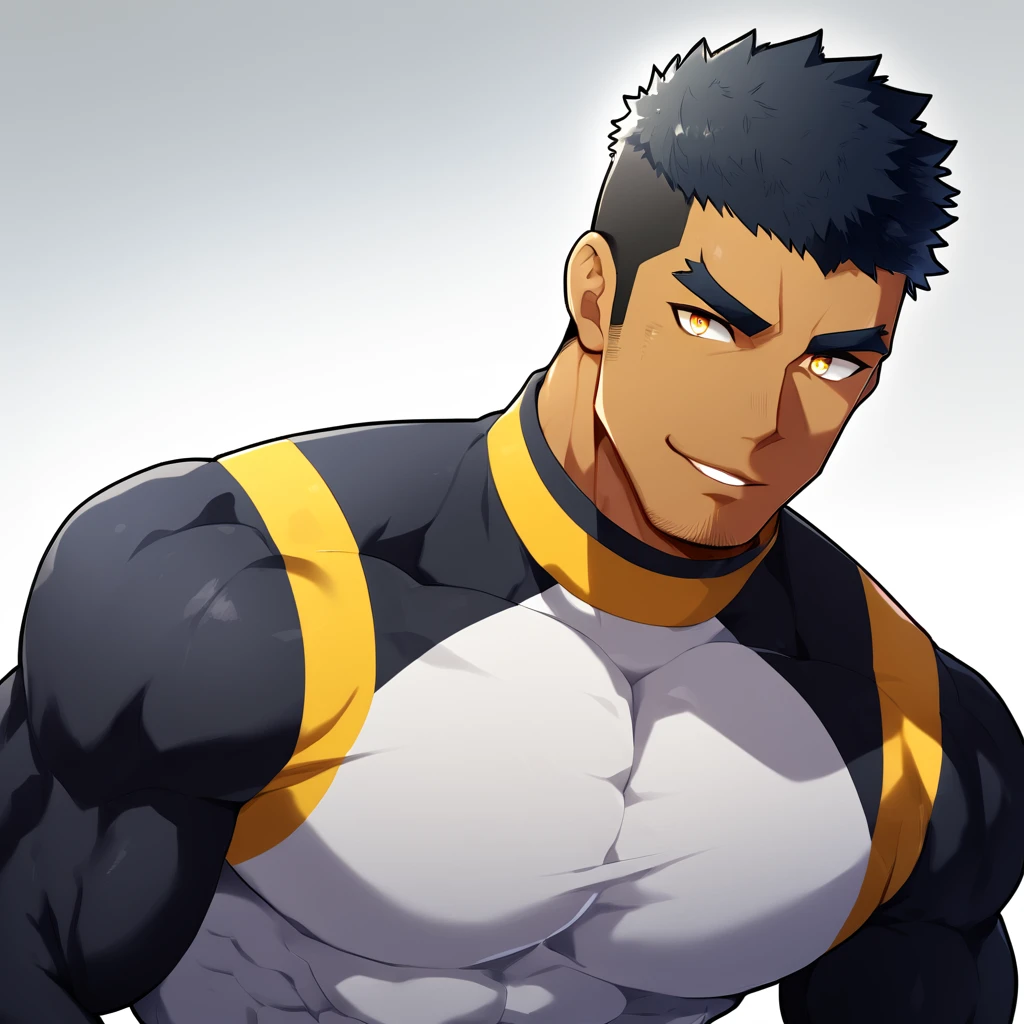 anime characters:Gyee, Muscle Sports Student, negro black skin, 1 dark skin muscular tough guy, Manliness, male focus, Light yellow high collar long sleeve tight T-shirt, Slightly transparent material, Very tight, Round, full and perky chest muscles, Slightly transparent, muscular male, muscular, only, Upper body, alone, Black short hair, Thick eyebrows, stubble, Yellow eyes, Grey background, simple background, amazing quality, best aesthetics, Ridiculous, bright pupils, crew cut, parted lips, seductive smile, torogao, naughty face, drop shadow, best quality