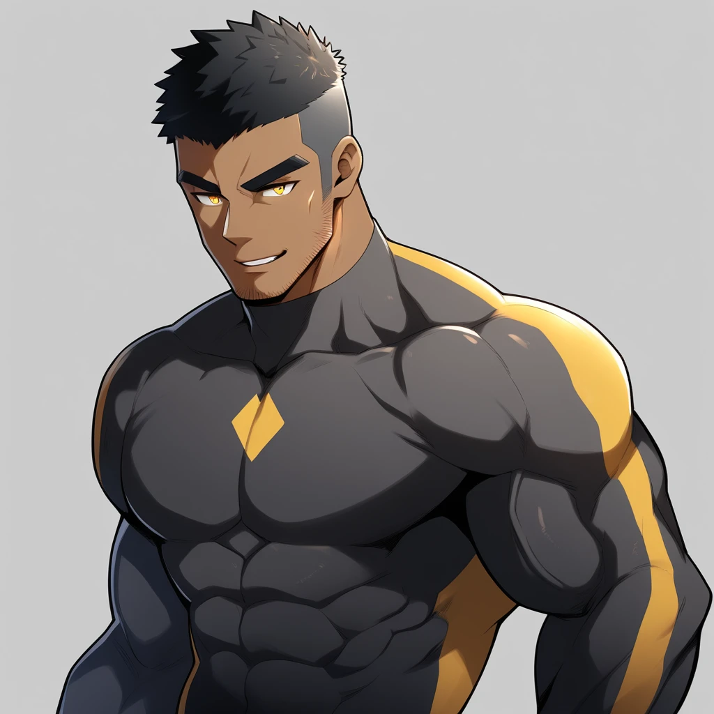 anime characters:Gyee, Muscle Sports Student, negro black skin, 1 dark skin muscular tough guy, Manliness, male focus, Dark grey high collar long sleeve wetsuit, Matte texture, Very tight, Round, full and perky chest muscles, Slightly transparent, muscular male, muscular, only, Upper body, alone, Black short hair, Thick eyebrows, stubble, Yellow eyes, Grey background, simple background, amazing quality, best aesthetics, Ridiculous, bright pupils, crew cut, parted lips, seductive smile, torogao, naughty face, best quality