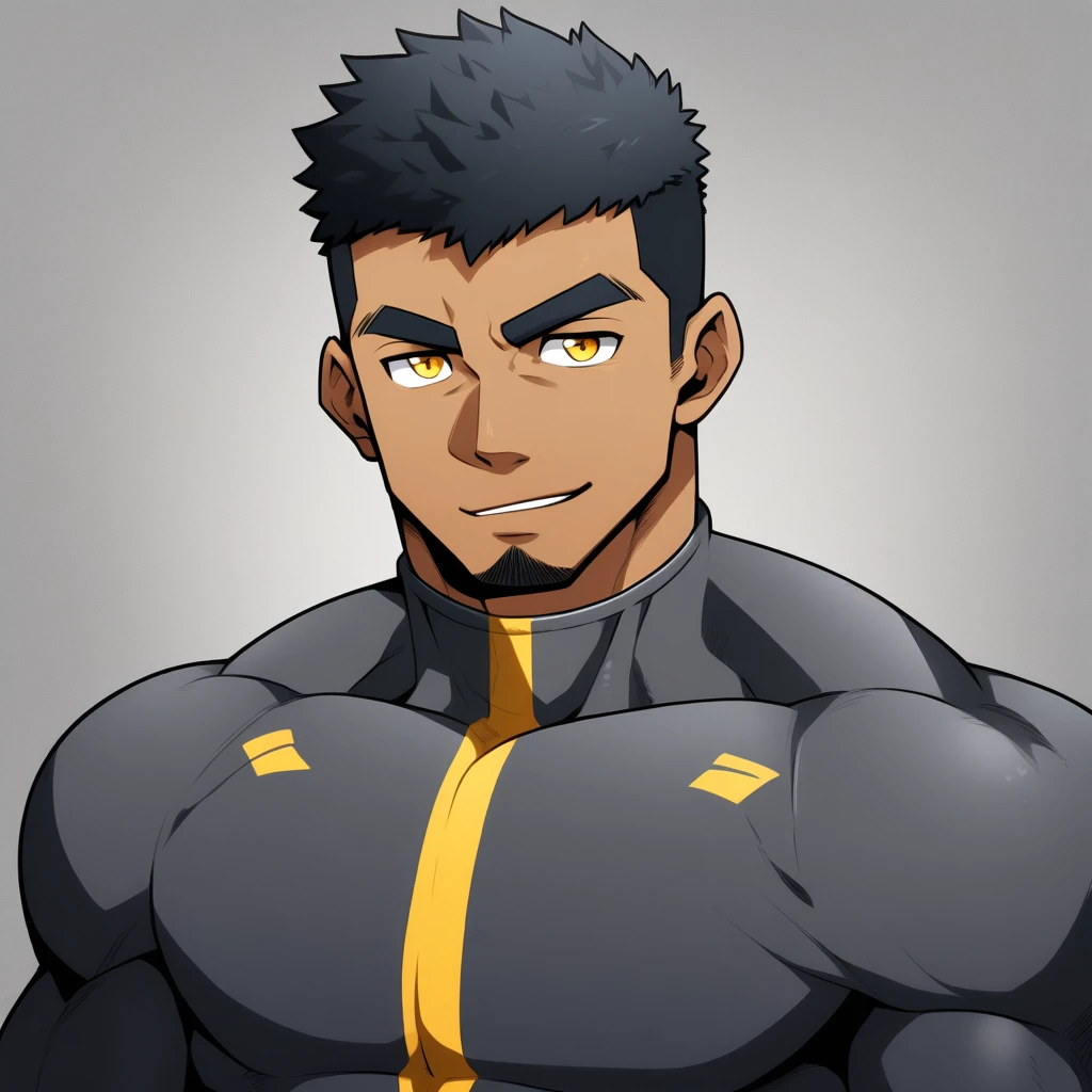 anime characters:Gyee, Muscle Sports Student, negro black skin, 1 dark skin muscular tough guy, Manliness, male focus, Dark grey high collar long sleeve wetsuit, Matte texture, Very tight, Round, full and perky chest muscles, Slightly transparent, muscular male, muscular, only, Upper body, alone, Black short hair, Thick eyebrows, stubble, Yellow eyes, Grey background, simple background, amazing quality, best aesthetics, Ridiculous, bright pupils, crew cut, parted lips, seductive smile, torogao, naughty face, best quality