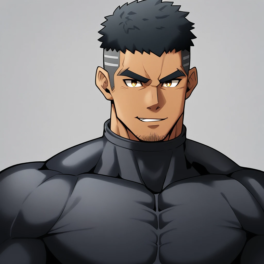 anime characters:Gyee, Muscle Sports Student, negro black skin, 1 dark skin muscular tough guy, Manliness, male focus, Dark grey high collar long sleeve wetsuit, Matte texture, Very tight, Round, full and perky chest muscles, Slightly transparent, muscular male, muscular, only, Upper body, alone, Black short hair, Thick eyebrows, stubble, Yellow eyes, Grey background, simple background, amazing quality, best aesthetics, Ridiculous, bright pupils, crew cut, parted lips, seductive smile, torogao, naughty face, best quality