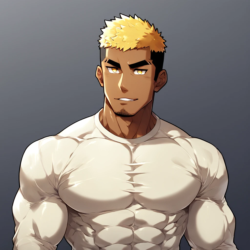 anime characters:Gyee, Muscle Sports Student, negro black skin, 1 dark skin muscular tough guy, Manliness, male focus, Light yellow high collar long sleeve tight T-shirt, Slightly transparent material, Very tight, Round, full and perky chest muscles, Slightly transparent, muscular male, muscular, only, Upper body, alone, Black short hair, Thick eyebrows, stubble, Yellow eyes, Grey background, simple background, amazing quality, best aesthetics, Ridiculous, bright pupils, crew cut, parted lips, seductive smile, torogao, naughty face, drop shadow, best quality