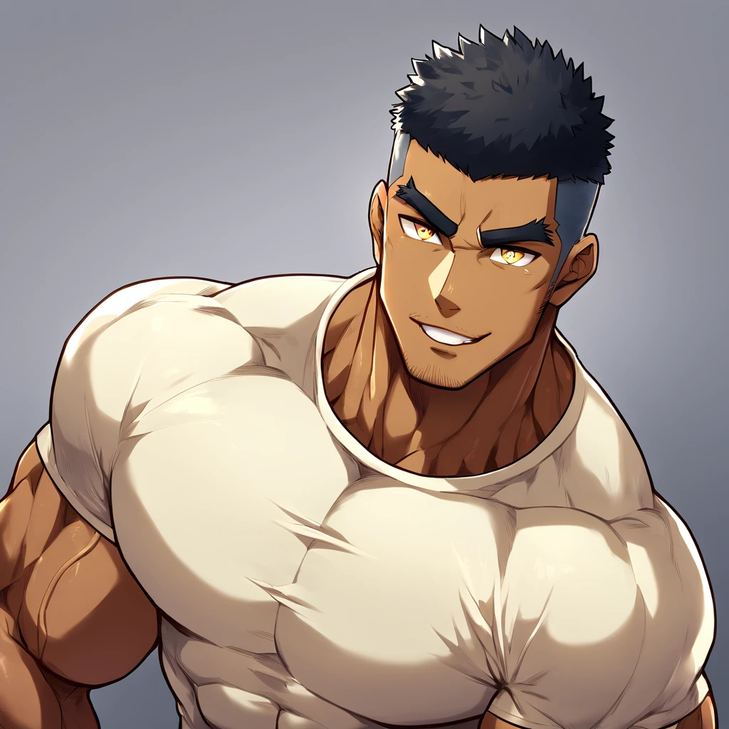 anime characters:Gyee, Muscle Sports Student, negro black skin, 1 dark skin muscular tough guy, Manliness, male focus, Light yellow high collar long sleeve tight T-shirt, Slightly transparent material, Very tight, Round, full and perky chest muscles, Slightly transparent, muscular male, muscular, only, Upper body, alone, Black short hair, Thick eyebrows, stubble, Yellow eyes, Grey background, simple background, amazing quality, best aesthetics, Ridiculous, bright pupils, crew cut, parted lips, seductive smile, torogao, naughty face, drop shadow, best quality