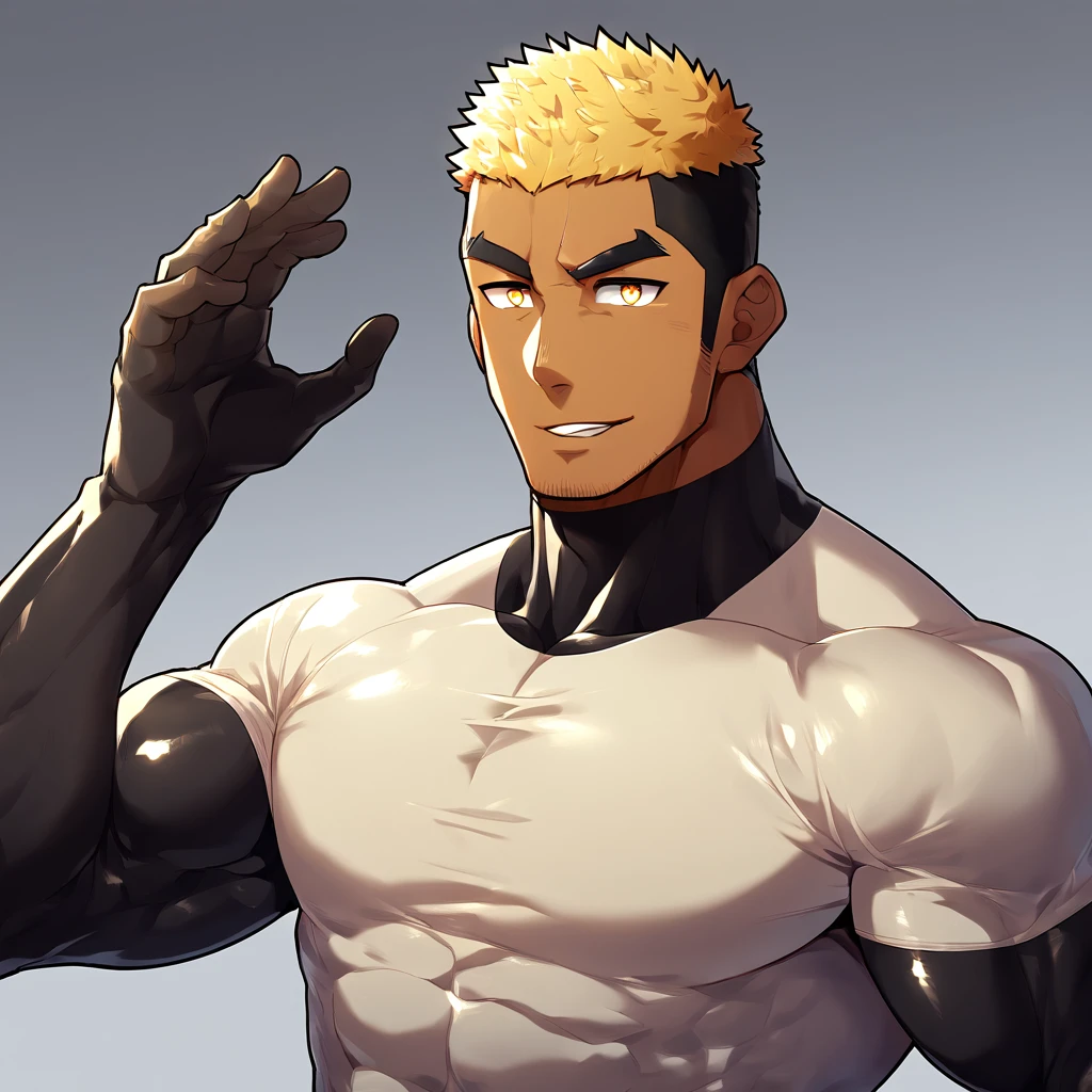 anime characters：Gyee, Priapuuscle Sports Student, 2 muscular tough guy, Manliness, male focus, Light yellow high collar long sleeve tight T-shirt, Very tight, The clothes were soaked with sweat, The pectoral muscles are oversized, his pecs are getting groped, Slightly transparent, muscular male, muscular, only, Upper body, alone, Black short hair, Thick eyebrows, stubble, Yellow eyes, Grey background, simple background, amazing quality, best aesthetics, Ridiculous, bright pupils, crew cut, parted lips, shy, blush, moaning, saliva trail, drop shadow, best quality