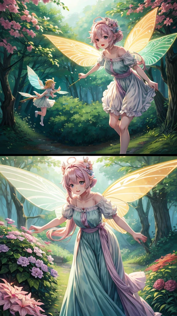 Create an anime-style fairy illustration。The fairies are cute、Please draw it as if it is flying with its wings spread.。Background in the forest、wood々Flowers々There are a lot of。The fairy has a bright smile、Please draw them as if they are enjoying being one with the nature around them.。