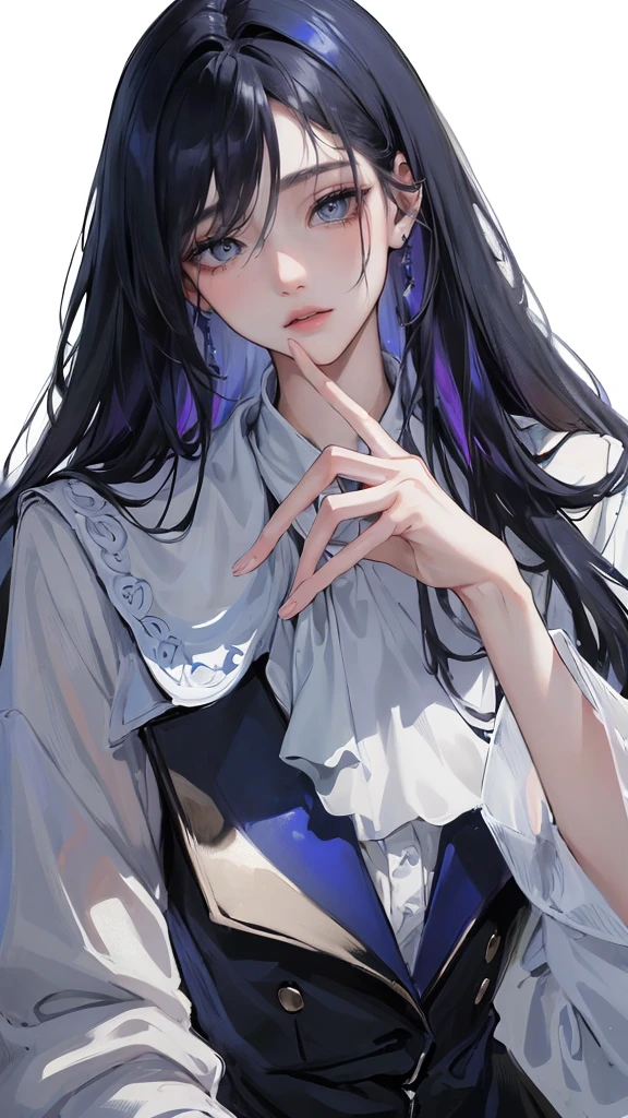 (Top resolution、Distinct_image)top-quality、femele、masterpiece、highly detailed、Semi-realistic、grey eyes、18year old、young、Exquisite facial features、Facial features、unique hairstyle, variations, potrait, white background, dark blue hair , long straight hairstyles, wear black suits, Mafia , dark blue hair