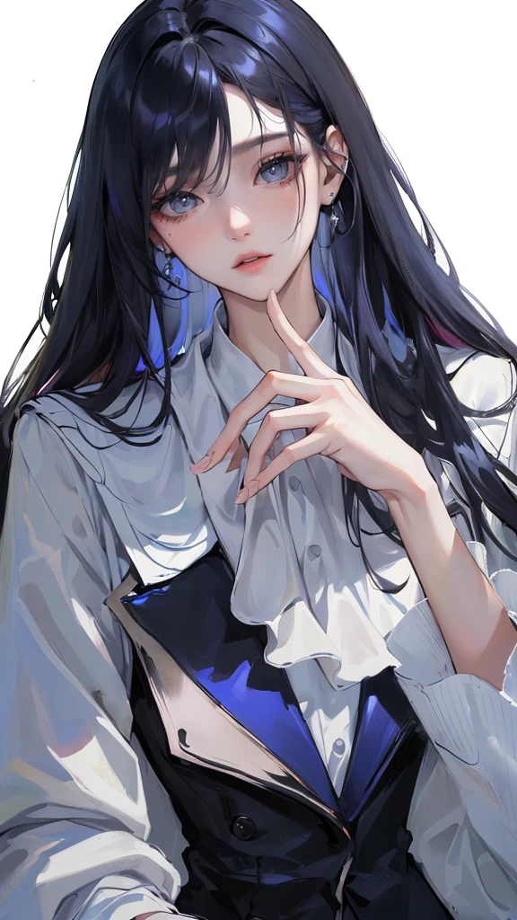 (Top resolution、Distinct_image)top-quality、femele、​masterpiece、highly detailed、Semi-realistic、grey eyes、18year old、young、Exquisite facial features、Facial features、unique hairstyle, variations, potrait, white background,   dark blue hair , long straight hairstyles, wear black suits, Mafia , dark blue hair