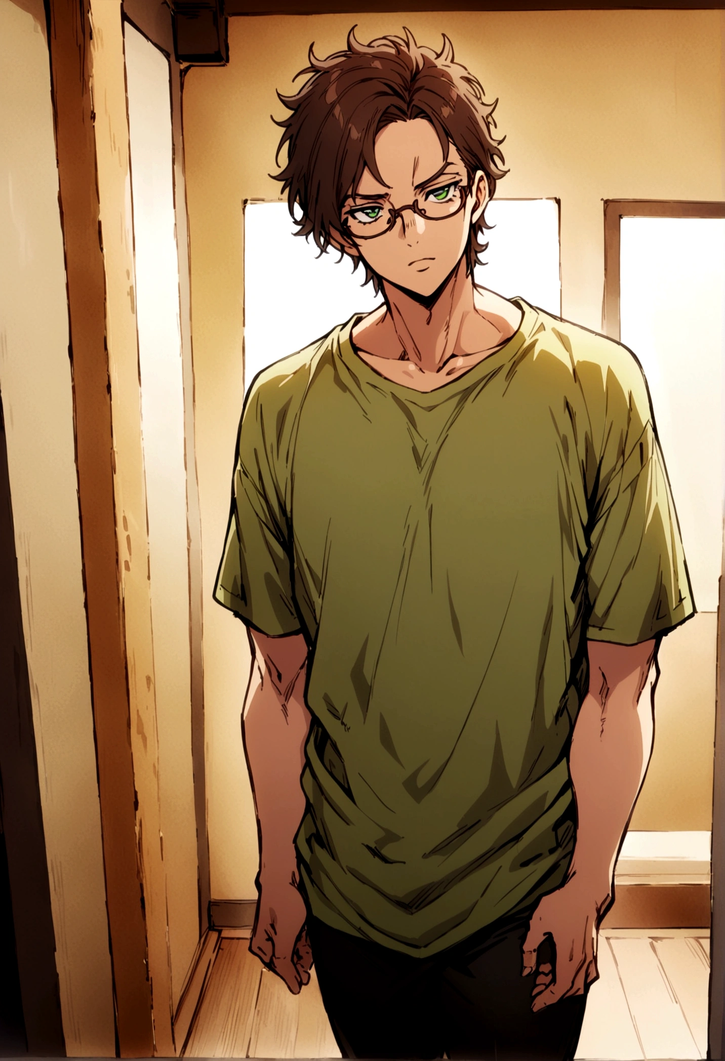 fullbody,masterpiece,standing,tshirt,dark brown curly short hair,green eyes,(bangs),adult,1boy,solo,light stuble,glasses,