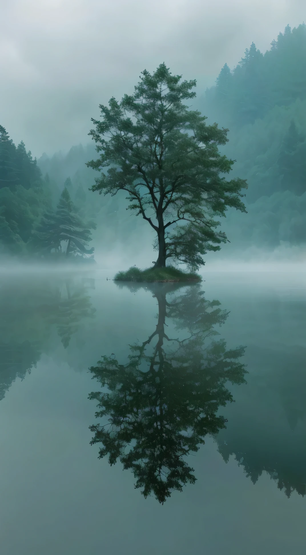 arafed Tree in the middle of a lake with a foggy sky, Still water like a mirror, Reflections on the water, In the peaceful scenery, mystical lake, Reflections in water, Clear reflection, Water reflection, Water reflection, Peaceful and tranquil, Reflections in water,  Tree, floating Trees, single Tree, Misty mist, Calm and serene，Ultimate image quality，Canon R5 shooting
