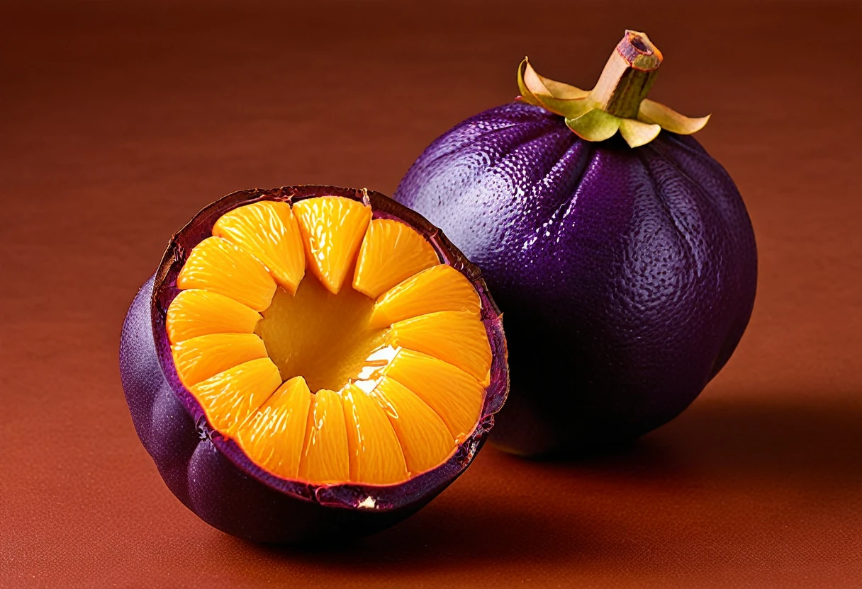 Generate a highly detailed and realistic photo of a unique, never-before-seen fruit that is a hybrid between a mangosteen and an orange. The fruit should have the round shape and deep purple rind of a mangosteen, but with the texture and vibrant orange color of an orange's skin. The rind should be slightly bumpy and segmented like an orange. When cut open, the fruit reveals juicy, orange-colored segments arranged similarly to an orange, but with the soft, fleshy texture of mangosteen segments. The interior should have a few seeds scattered among the segments. The fruit is placed on a simple, clean background with natural lighting that highlights its unique features. This photo should be highly detailed and visually captivating, showcasing the imaginative blend of these two fruits.