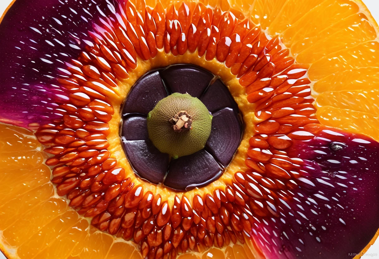 Generate a highly detailed and realistic photo of a unique, never-before-seen fruit that is a hybrid between a mangosteen and an orange. The fruit should have the round shape and deep purple rind of a mangosteen, but with the texture and vibrant orange color of an orange's skin. The rind should be slightly bumpy and segmented like an orange. When cut open, the fruit reveals juicy, orange-colored segments arranged similarly to an orange, but with the soft, fleshy texture of mangosteen segments. The interior should have a few seeds scattered among the segments. The fruit is placed on a simple, clean background with natural lighting that highlights its unique features. This photo should be highly detailed and visually captivating, showcasing the imaginative blend of these two fruits.