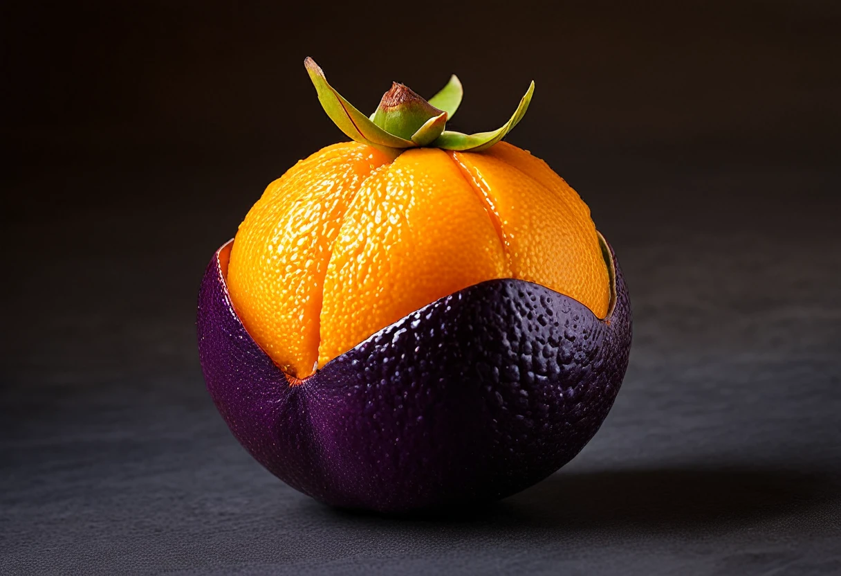 Generate a highly detailed and realistic photo of a unique, never-before-seen fruit that is a hybrid between a mangosteen and an orange. The fruit should have the round shape and deep purple rind of a mangosteen, but with the texture and vibrant orange color of an orange's skin. The rind should be slightly bumpy and segmented like an orange. When cut open, the fruit reveals juicy, orange-colored segments arranged similarly to an orange, but with the soft, fleshy texture of mangosteen segments. The interior should have a few seeds scattered among the segments. The fruit is placed on a simple, clean background with natural lighting that highlights its unique features. This photo should be highly detailed and visually captivating, showcasing the imaginative blend of these two fruits.