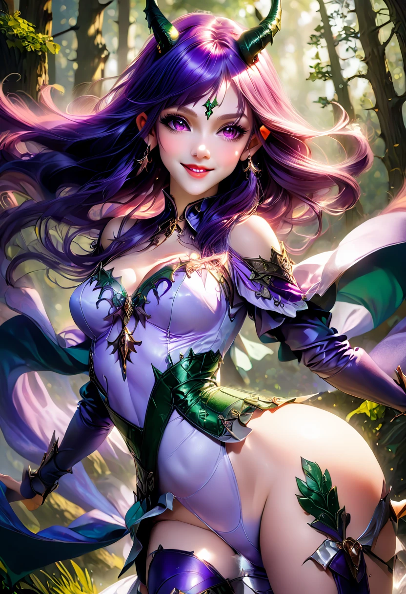 masterpiece, Highest quality, Very detailed, High resolution, An expensive solution, High resolution, masterpiece, depth, Fine texture, Highest quality, Total concentration, (very pretty anime Elf Girl), (Beautiful Gothic Elf Woman, Young Elves, Elf Girl, pretty girl, Young girl),Has horns on its headがある, Grin, smile, (A chic dress with beautiful details, Fluffy long sleeves, ), Purple eyes, Long eyelashes, Low angle shot、eyeliner, Huge thighs, Wide Hips, Tight waist, ( Purple hair), (Light Hair, Long Hair), bangs, Gradient Hair), Shiny Hair, Forest as a background, Fantasy art, 8k high quality detailed art, A fusion of realism and colorful fantasy, Gothic art style, Fantasy art style, a beautiful fantasy Young Elves, CGI anime Fantasy artwork, charm, Seductive posture, Standing posture,Vibrant colors, 自信に満ちたsmile, gentle smile, Beautiful attention to detail, Beautiful lip detail, Very detailed目と顔, Long eyelashes, Vibrant colors, Professional, Very detailedな, Intricate details, Volumetric lighting, Lens flare, particle,(White and platinum color scheme), mysterious, mysteriousな.Has horns on its head,Standing posture、Low angle shot