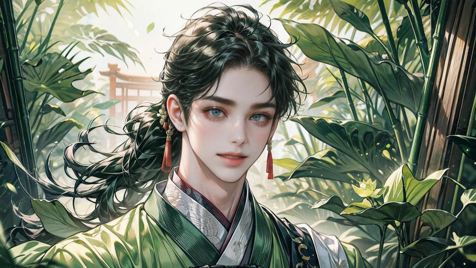 xianxia, (((best quality))),masterpiece,ultra high resolution,extraordinarily beautiful youth, a bright, villains smile,All green clothing,((boy 24 year old, green hanfu,green clothing, Chinese shirt style)) ,boy character ,((Thick black long hair)),beautiful face,detailed interior, detailed boy,((man)),(in bamboo forest), house China style, pure white lotus,beautiful and cute boy ,black eyes,((solo man)),(he has a Big eyes, charming lips, slim nose and small face),(slim figures ),ponytail and 冠, Hiogi fan,Japanese fan ,very long hair, thick hair, black hair ,eyes detailed,pony tails,solo men